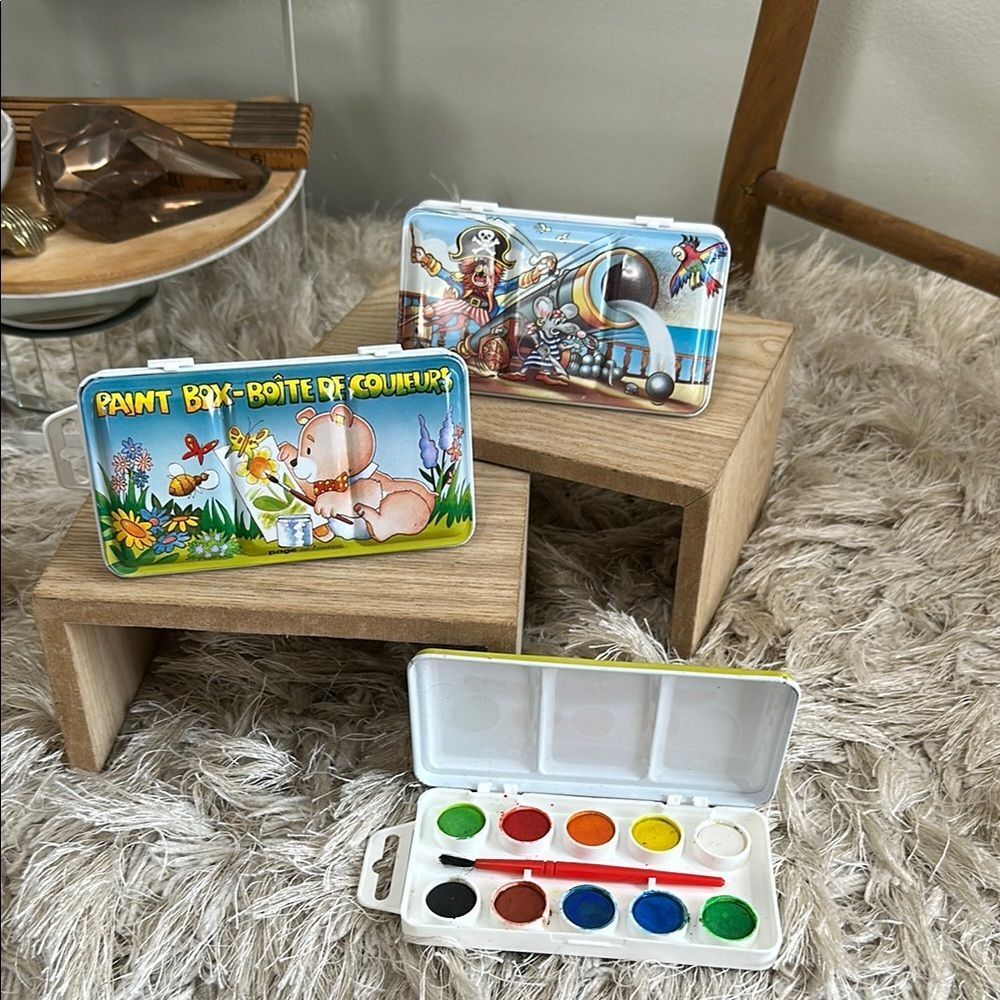 Vtg Page Of  London Mini Watercolor Box Paint Tins 2 Teddy Bear & 1 Pirate Scene